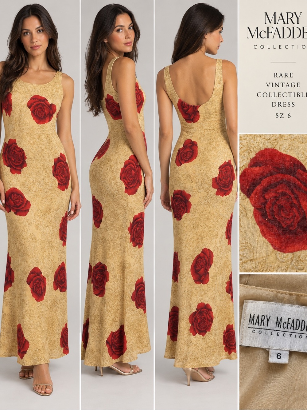 Mary McFadden Gold Maxi Dress with Red Rose Print Size 6
